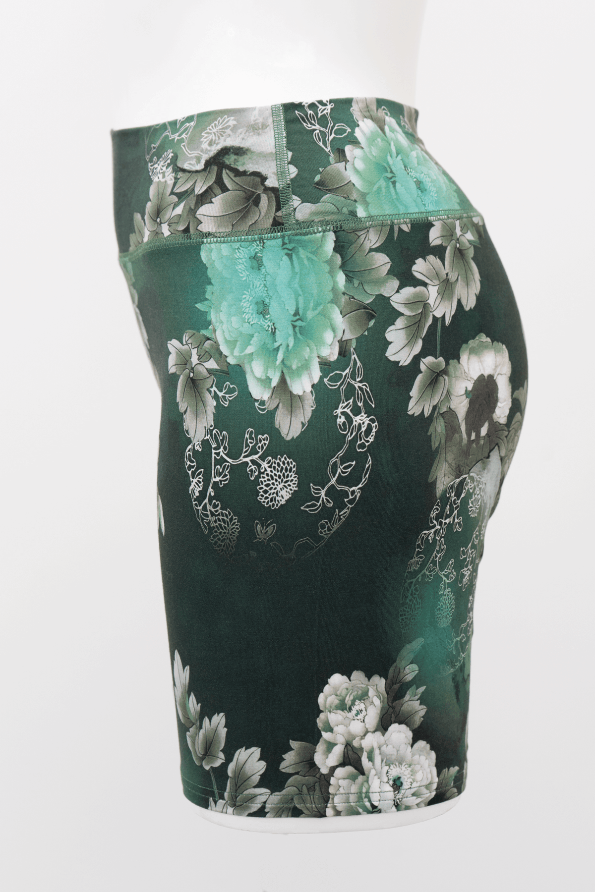 Side view of Hallie Bamboo Shorts showcasing the wide waistband and floral print design