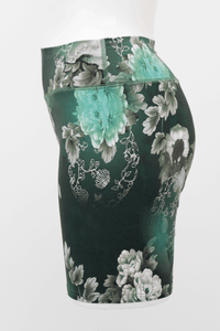 Side view of Hallie Bamboo Shorts showcasing the wide waistband and floral print design