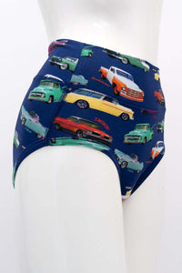 Side view of classic brief showcasing retro car pattern and high waist