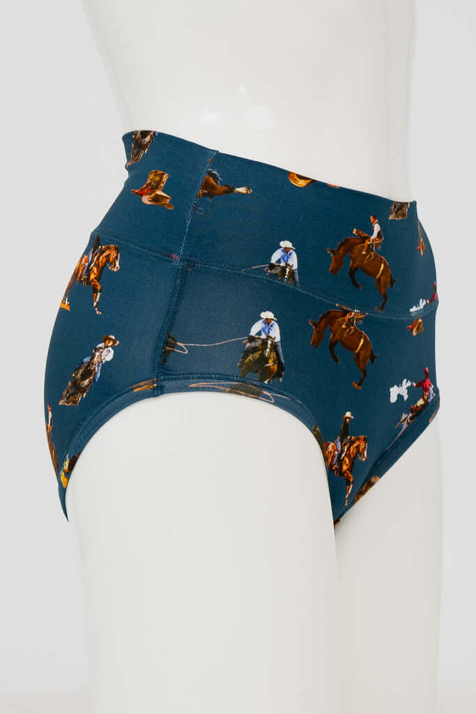 Side view of La Gaunche high-waist rodeo print brief underwear on mannequin