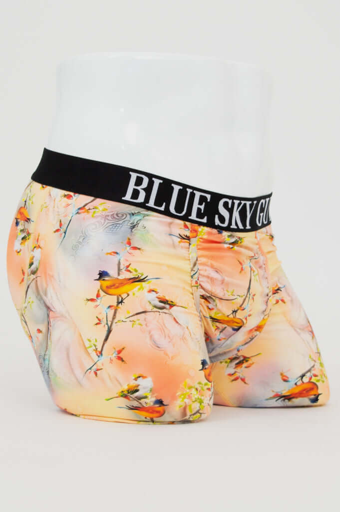 Side view of Middle Man Underwear in Songbird print with Blue Sky Guy waistband