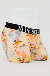 Side view of Middle Man Underwear in Songbird print with Blue Sky Guy waistband