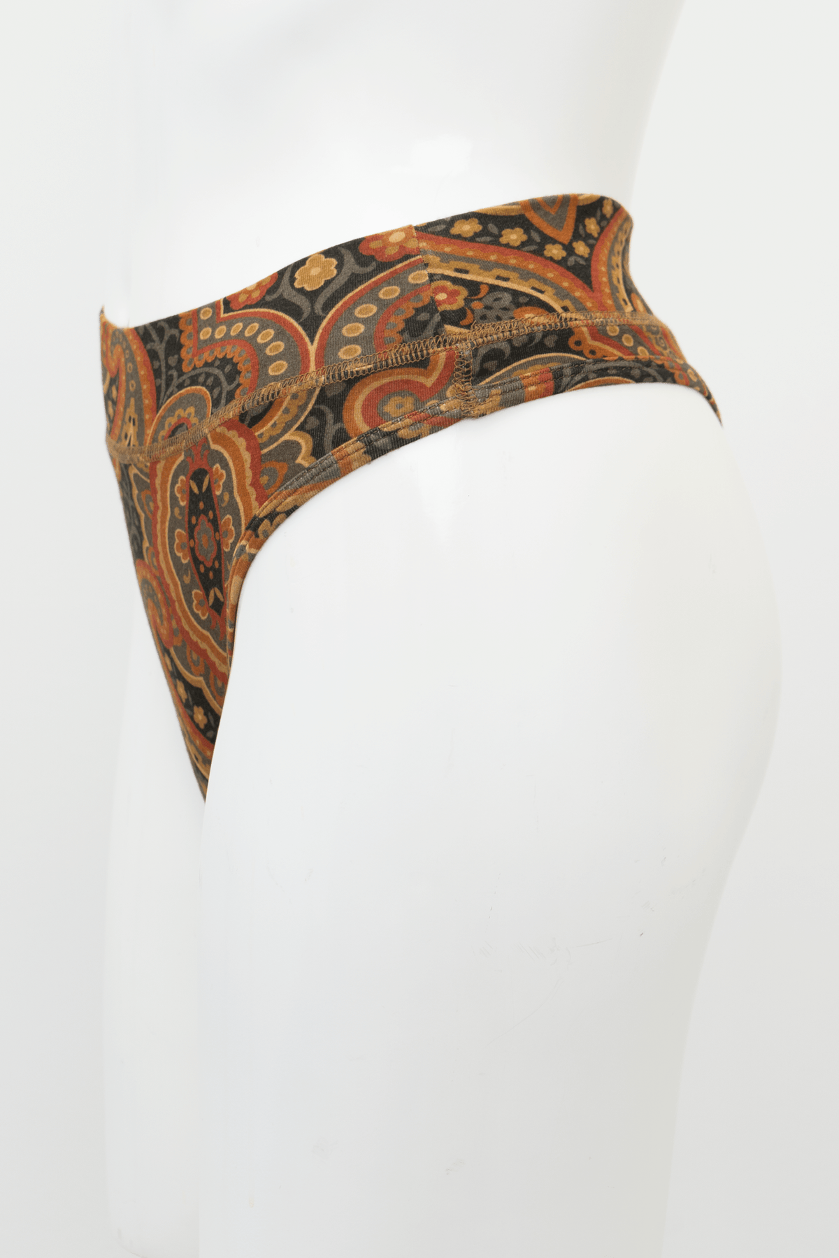 Side view of paisley bamboo high-rise thong underwear on mannequin