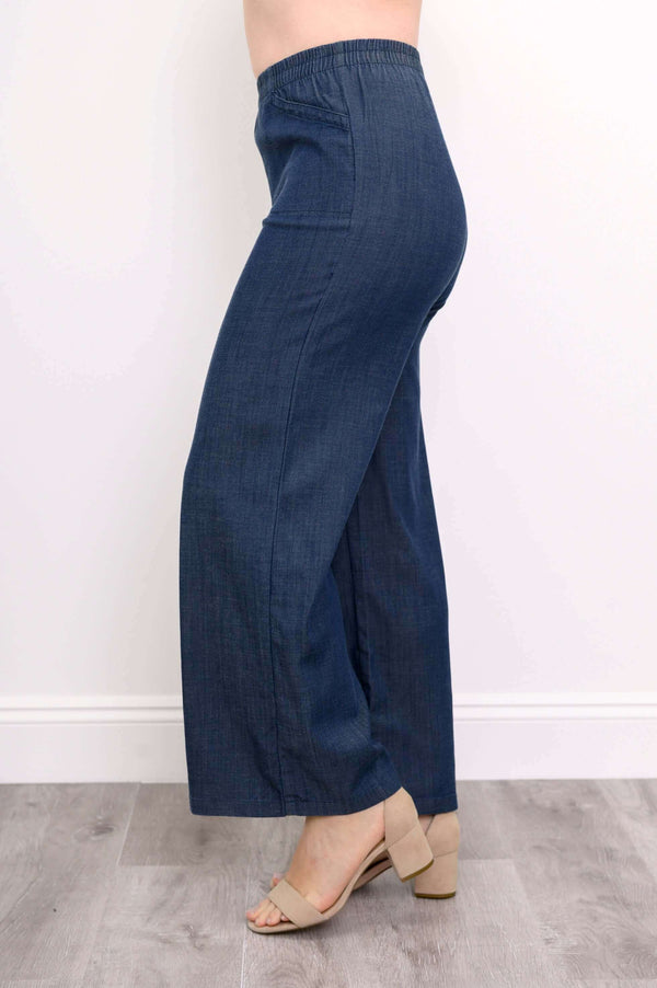 Side view of Parker wide leg tencel pants highlighting wide leg silhouette
