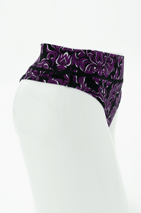 Side view of bamboo high rise thong in purple baroque floral print