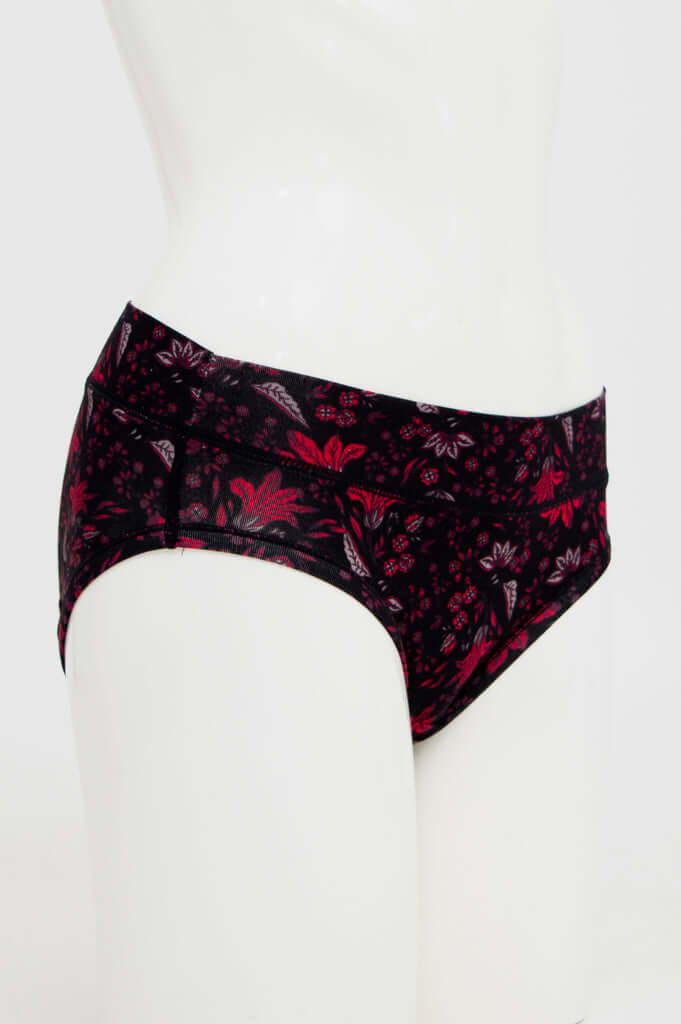 Side view of bamboo hipster brief in midnight floral print on mannequin