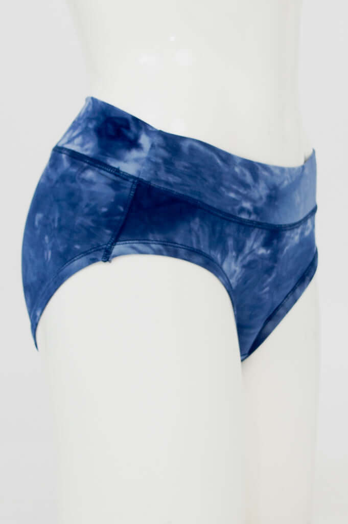 Side view of blue bamboo hipster underwear showing waistband detail