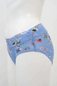 Side view of blue floral hipster underwear on a mannequin