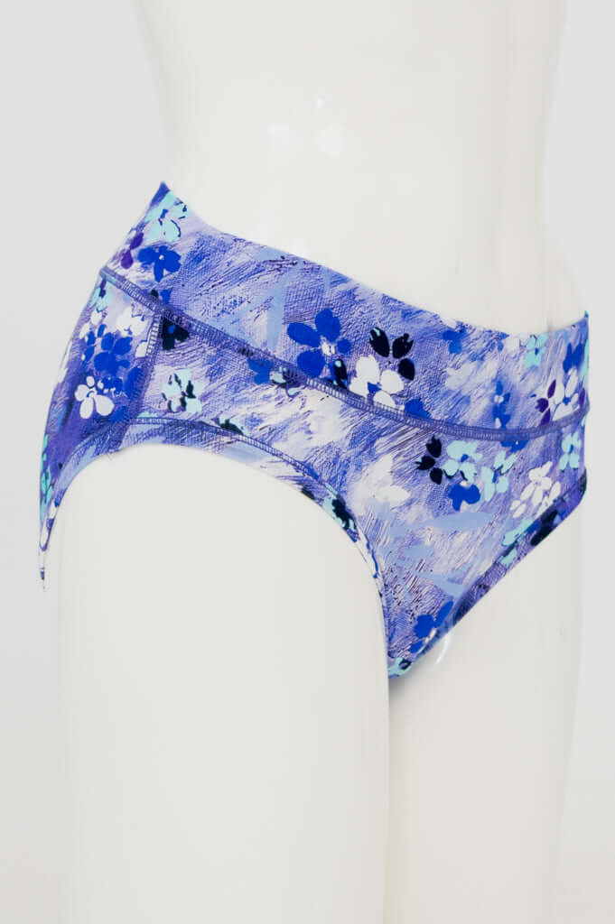 Side view of blue floral hipster underwear on mannequin