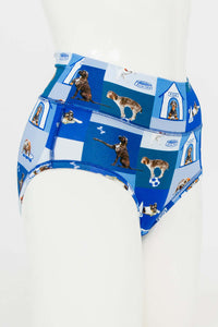 Side view of blue high-waisted brief featuring dogs and dog houses in print