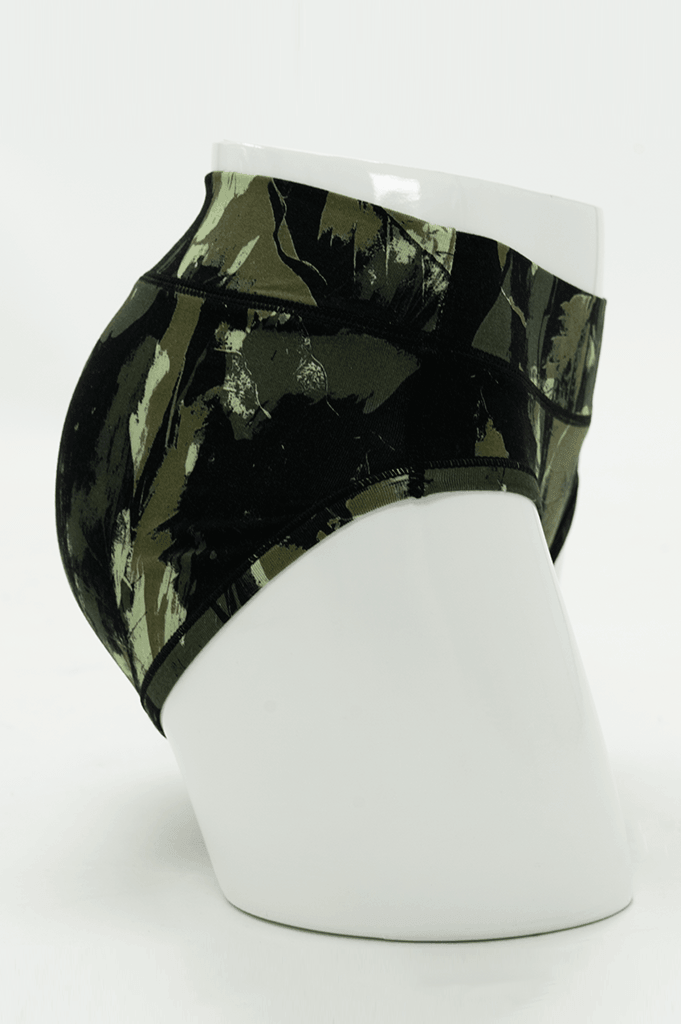 Side view of camouflage bamboo hipster brief on mannequin