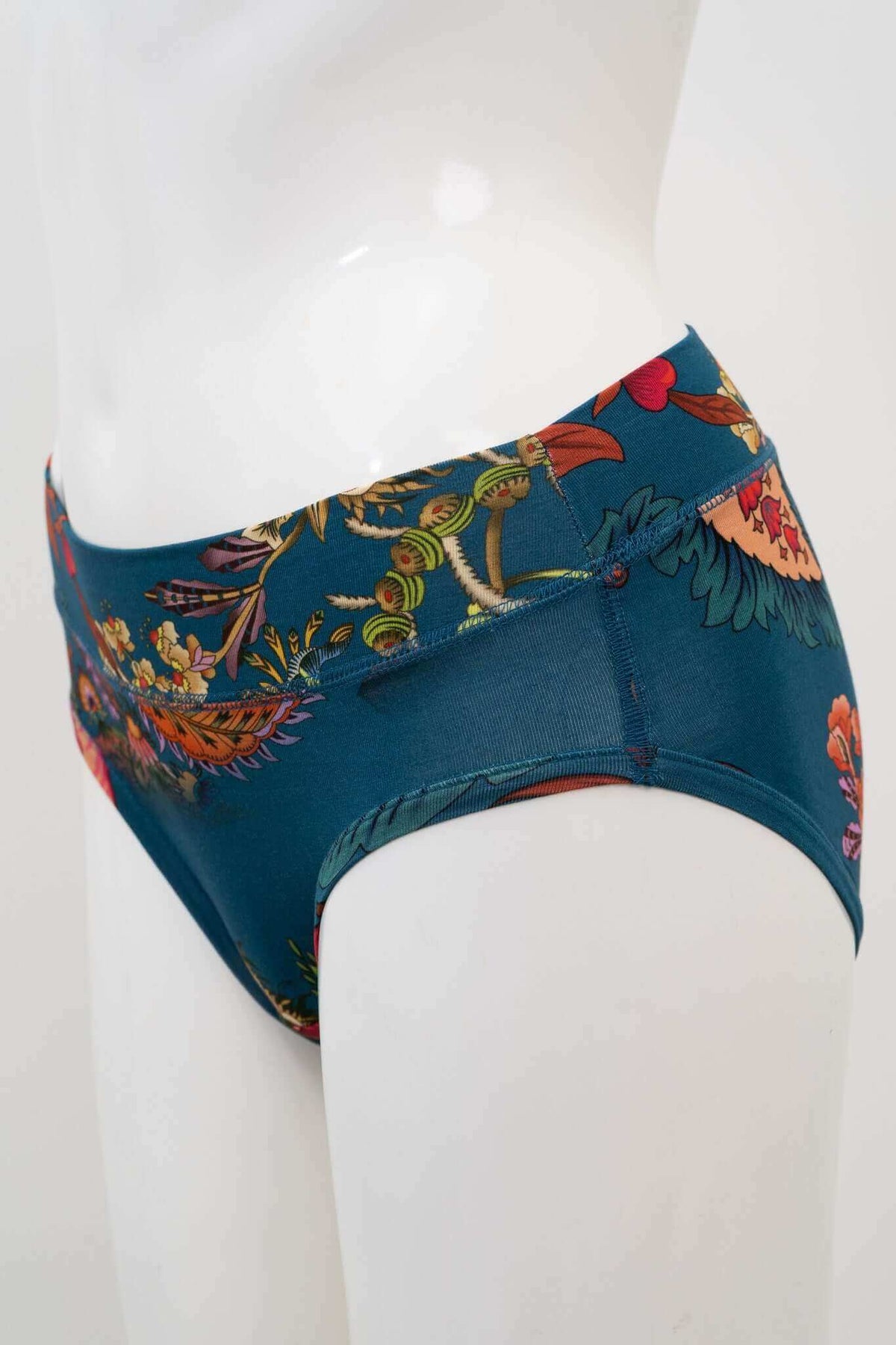 Side view of bamboo floral hipster underwear showcasing seamless fit