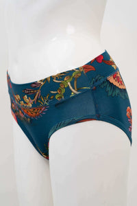 Side view of bamboo floral hipster underwear showcasing seamless fit