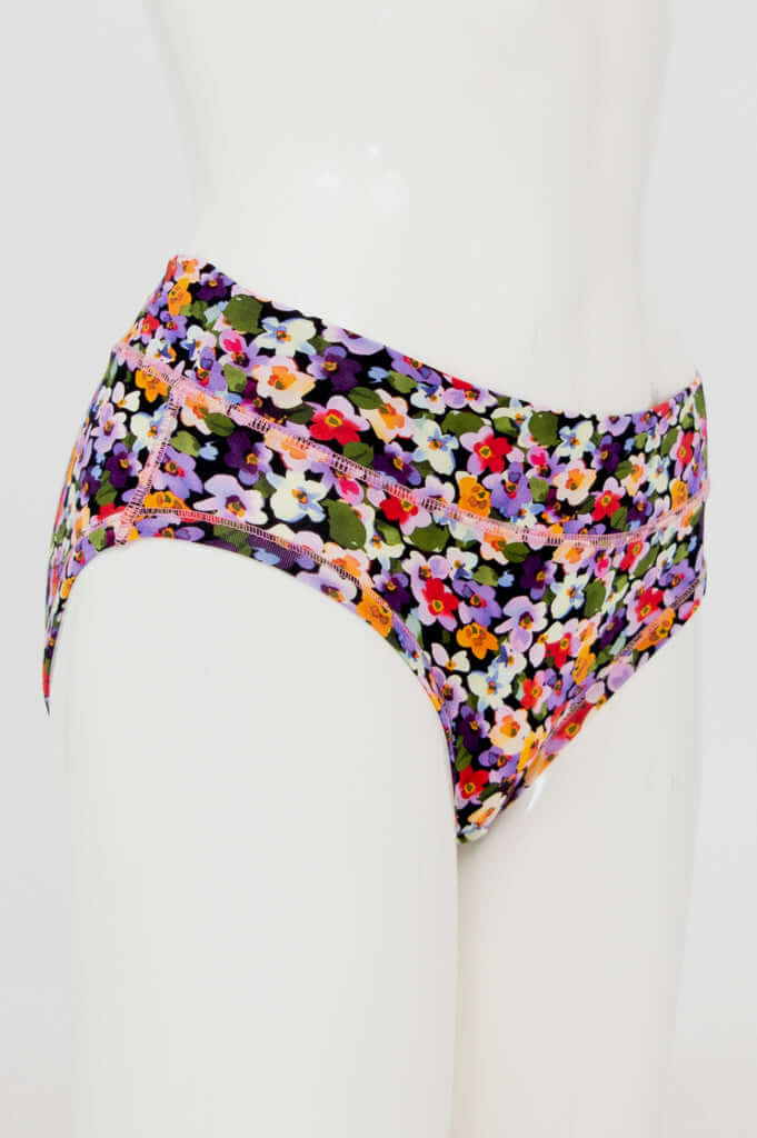 Side view of floral bamboo hipster underwear on mannequin
