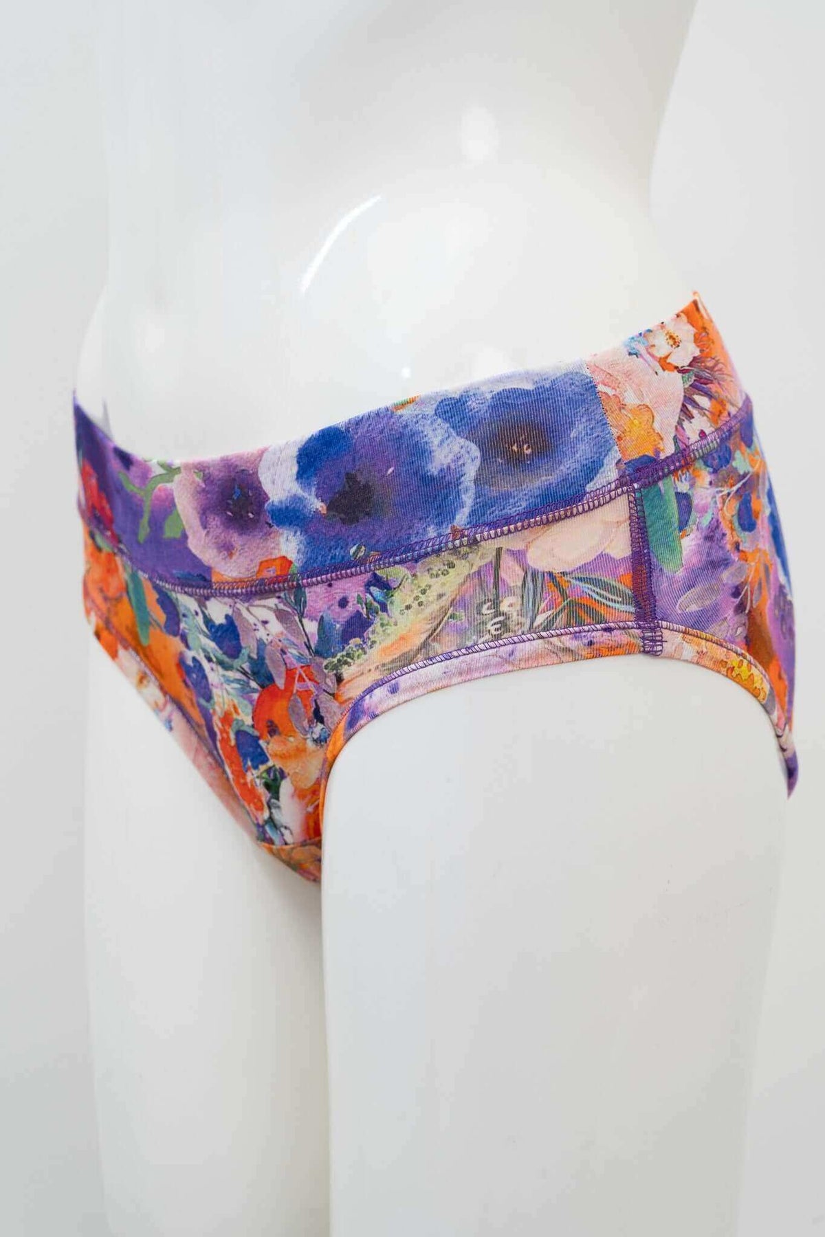 Side view of hipster underwear with purple and orange floral pattern