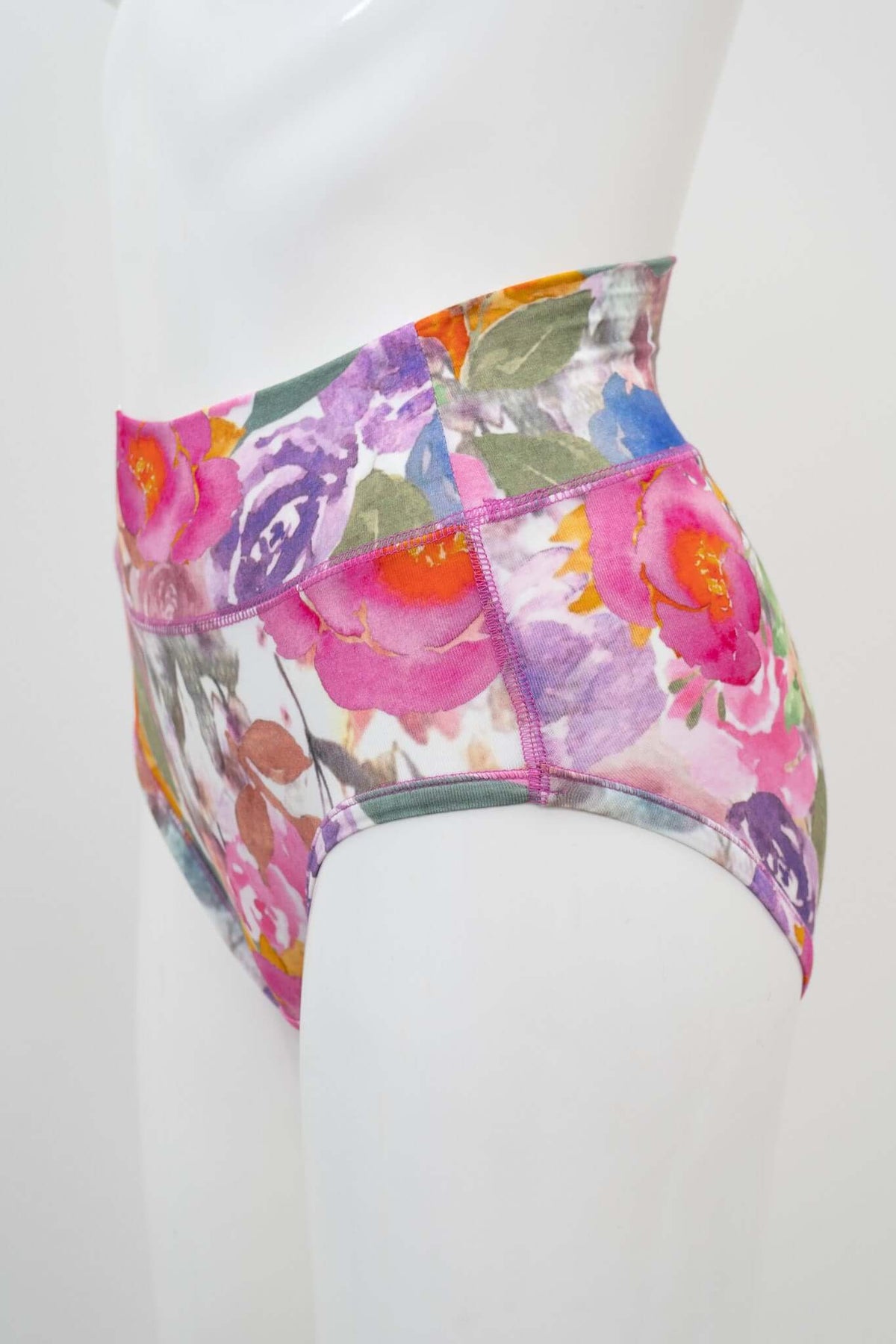 Side view of floral high-waisted bamboo brief on mannequin