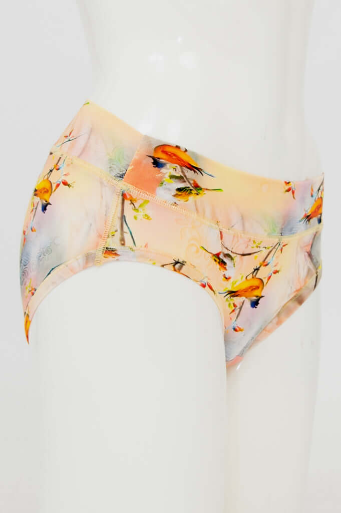 Side view of hipster bamboo underwear with artistic bird design