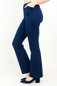 Side view of indigo flare modal pants showing pocket detail