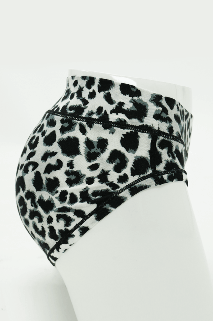 Side view of leopard print bamboo hipster underwear on mannequin