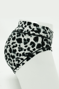Side view of leopard print bamboo hipster underwear on mannequin