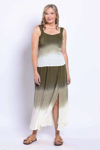 Side angle of a woman in an olive ombre skirt showing slits.