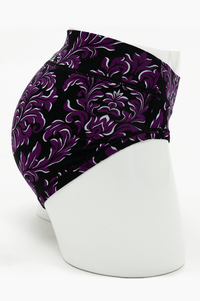 Side view of purple and black flourish print hipster underwear on mannequin