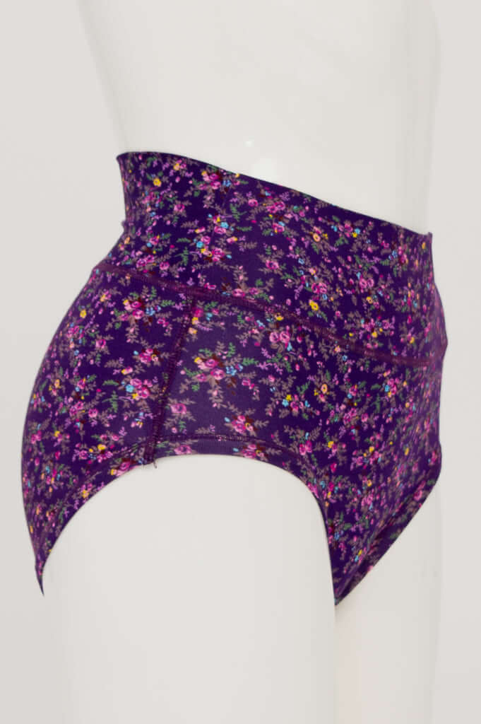 Side view of violet floral bamboo classic brief on mannequin