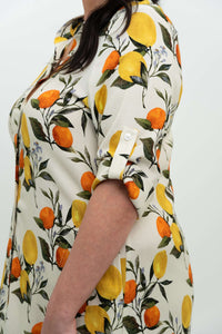 Close up of sleeve detail on linen bamboo citrus maxi shirt dress
