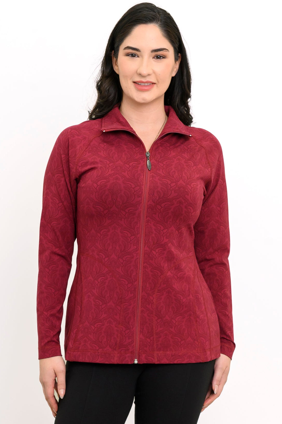 Women's long-sleeve red patterned bamboo zip-up coat with a mock neckline, styled against a white backdrop.