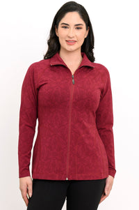 Women's long-sleeve red patterned bamboo zip-up coat with a mock neckline, styled against a white backdrop.