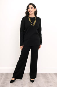 Front view of a women's ebony pullover sweater paired with comfortable fluid lounge pants, relaxed silhouette.