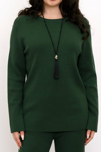 Front-facing view of a women's dark green knit pullover, highlighting a clean flat finish at the cuffs and hem.