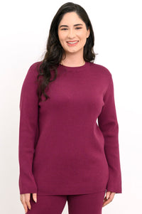 Soft berry-pink knit pullover sweater featuring a relaxed rectangular cut and round collar, front close-up.