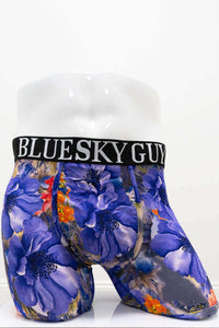 Straight front angle of men's bamboo boxer briefs with blue-purple floral print