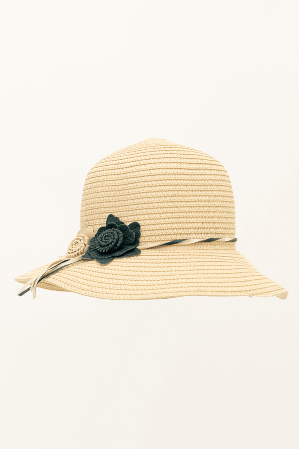 Beige straw hat featuring a wide brim and decorative black and beige flower accents
