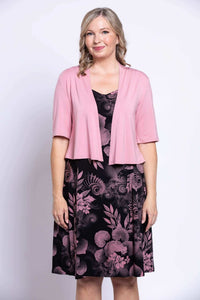 Sweet Sara dress styled with a pink cropped cardigan