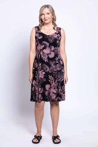 Front studio shot of Sweet Sara summer dress in pink botanica print