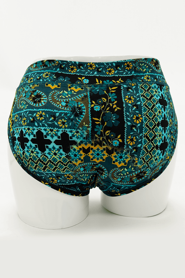 Back view of Teal Mosaic Bamboo Hipster underwear on a mannequin