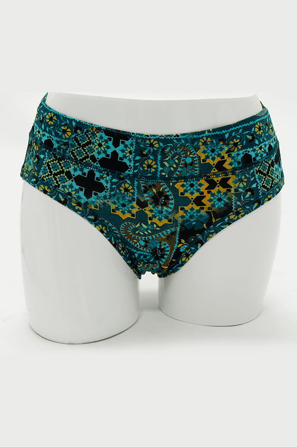 Front view of Teal Mosaic Bamboo Hipster underwear on a mannequin