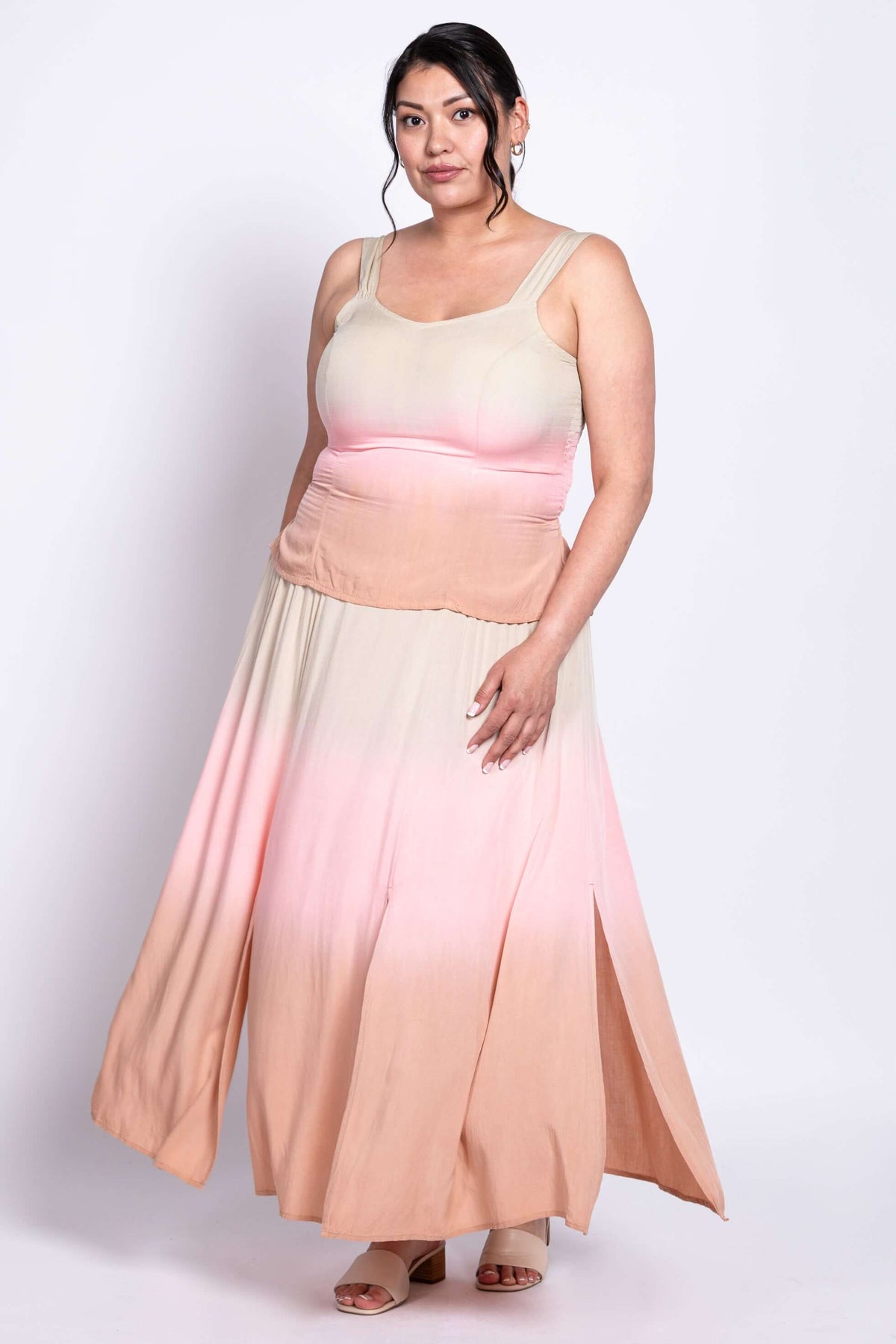 Maxi dress with ombre effect shown in a three-quarter front view on model