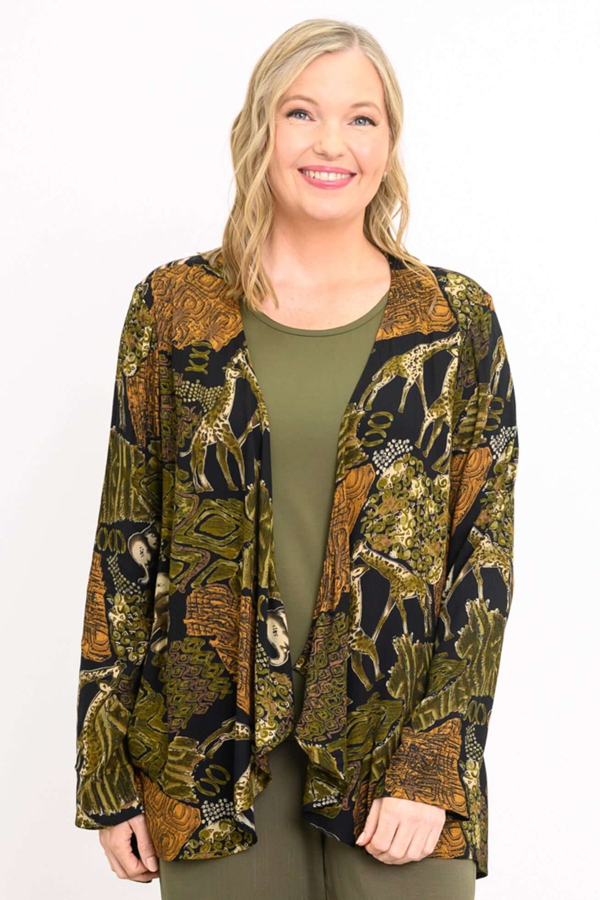 Woman wearing a lightweight Toucan Jungle Jacket with animal print pattern