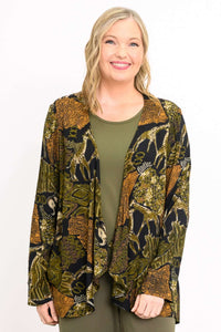 Woman wearing a lightweight Toucan Jungle Jacket with animal print pattern