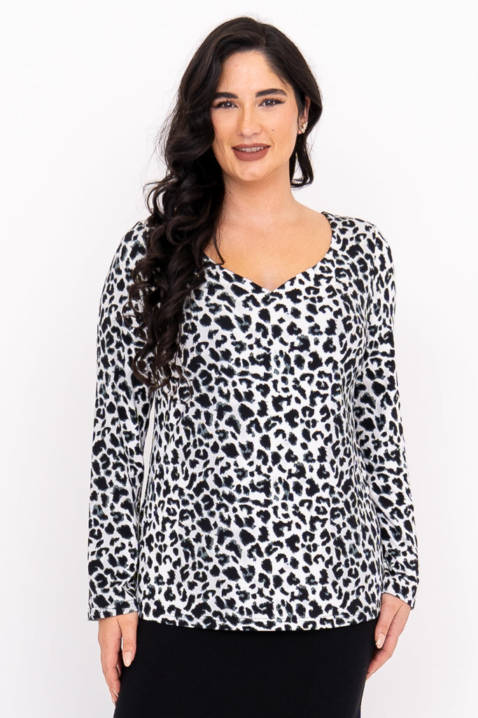 Annette L/S Top, BW Leopard, Bamboo