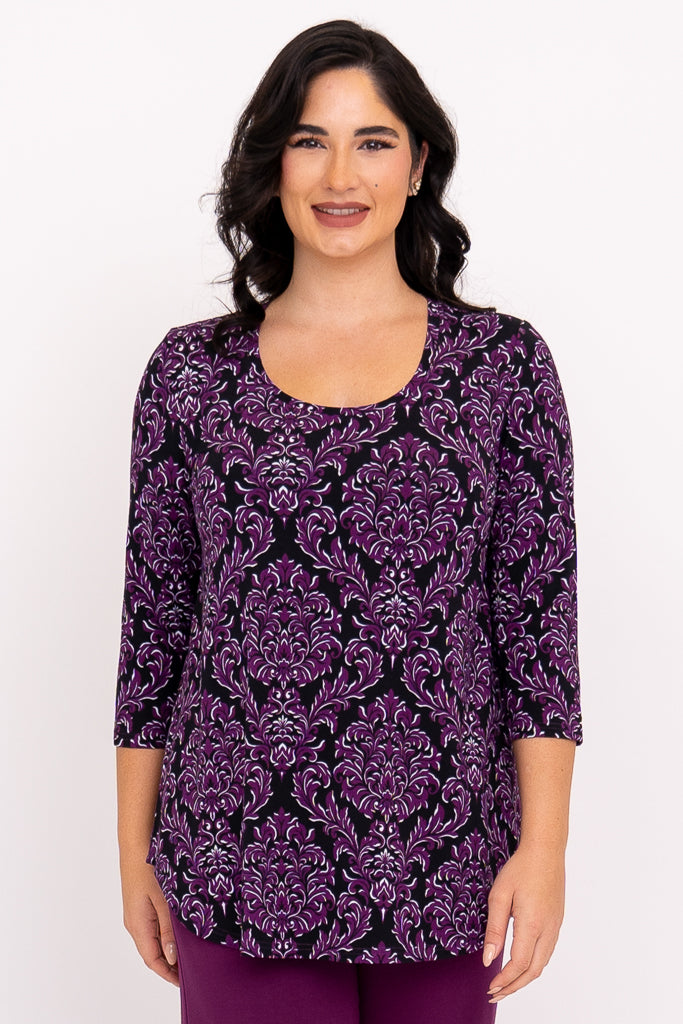 Jazz 3/4 Top, Magenta Damask, Bamboo