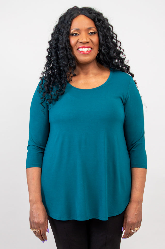 Jazz 3/4 Slv Top, Teal, Bamboo