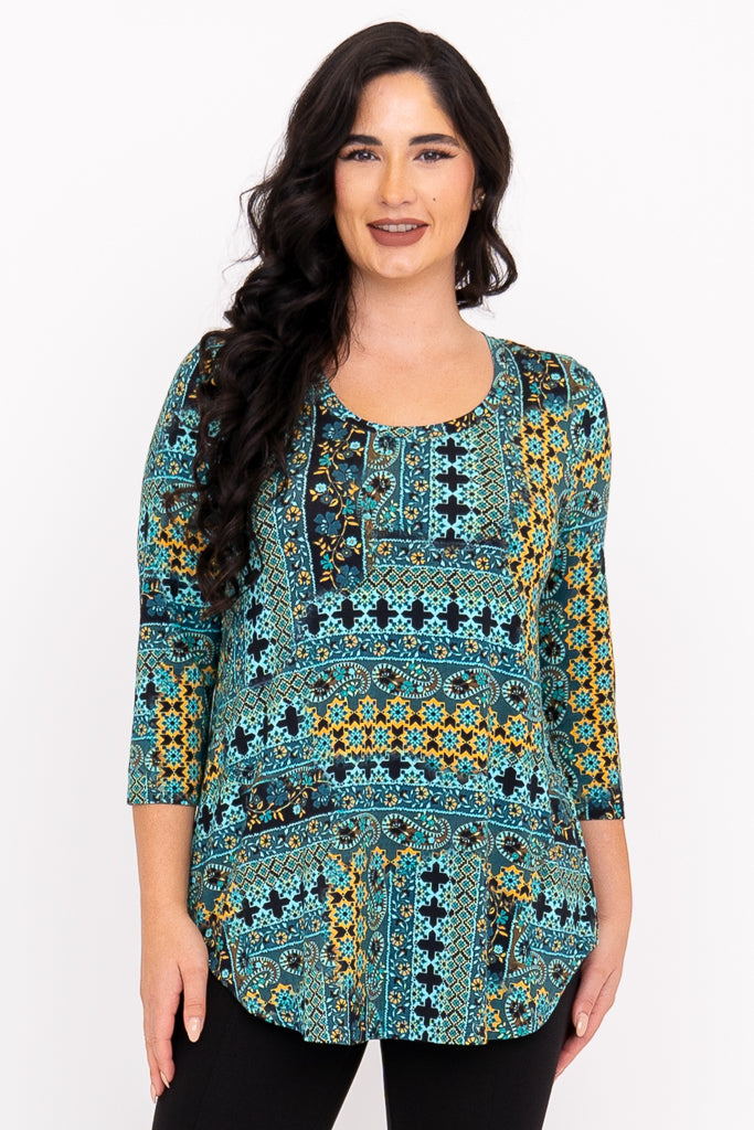 Jazz 3/4 Top, Teal Ways, Bamboo