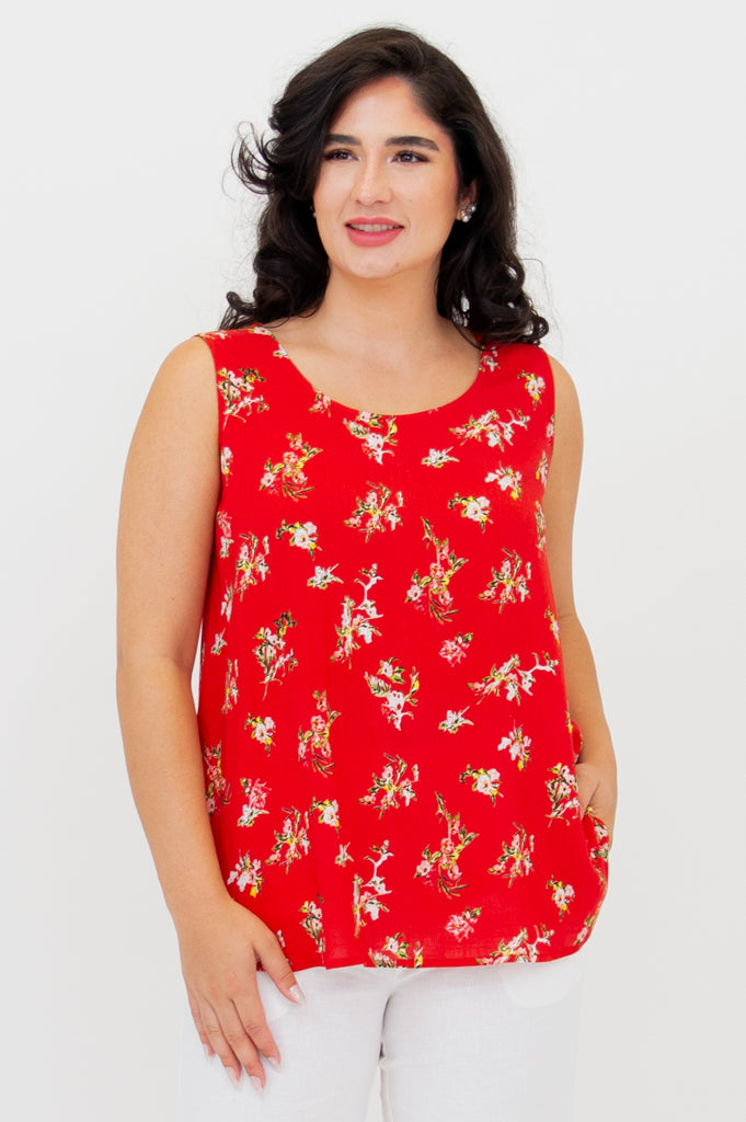 Jimmy Tank, Red Ditsy, Linen Bamboo