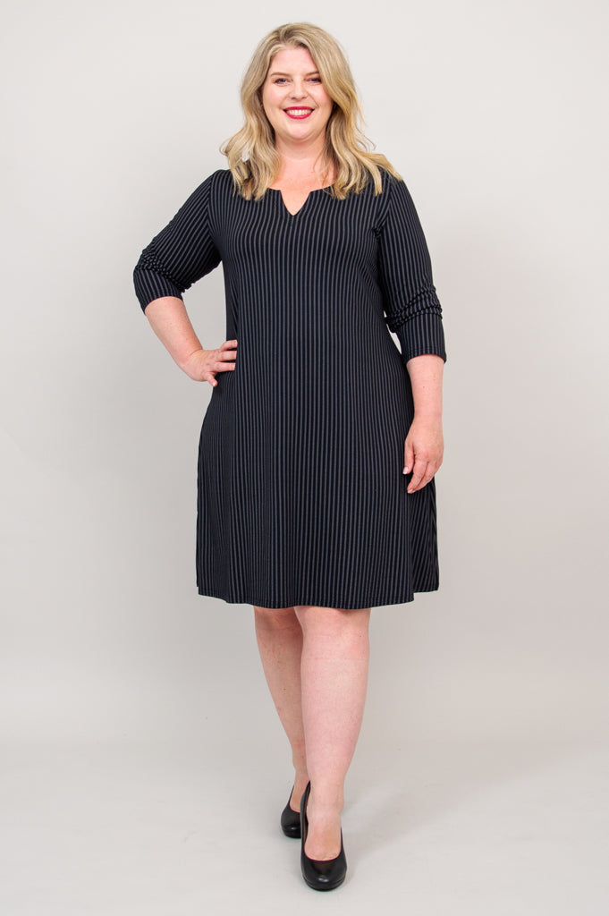 Maggie 3/4 Sleeve Dress, Blk/Grey Stripe, Bamboo
