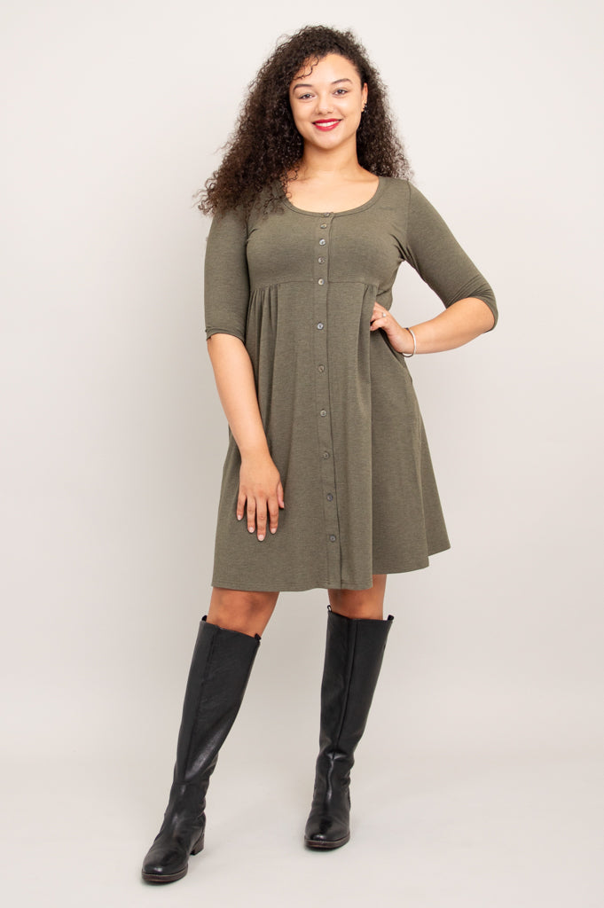 Nelly 3/4 Sleeve Dress, Yarn Dye Khaki, Bamboo