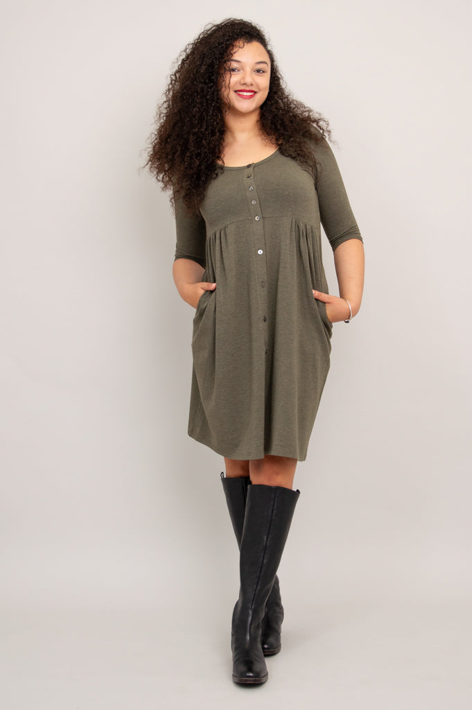 Nelly 3/4 Sleeve Dress, Yarn Dye Khaki, Bamboo